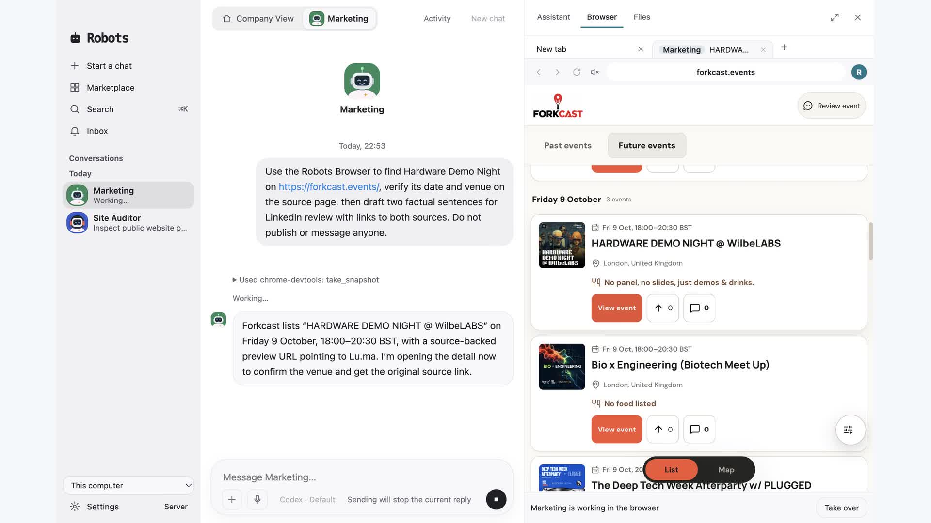 Robots Marketing Bot checking a public event beside its browser
